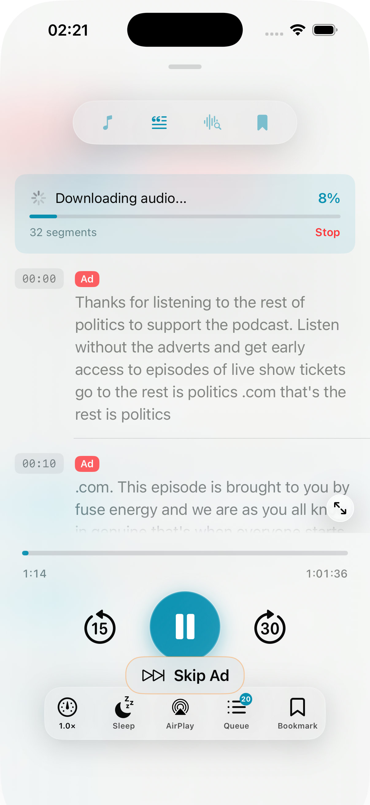 FluidCast Transcripts and Ad Skipping